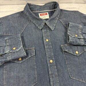 Wrangler Mens Denim Pearl Snap Shirt 2XL Indigo Stretch Western Cowboy JSD4AWB